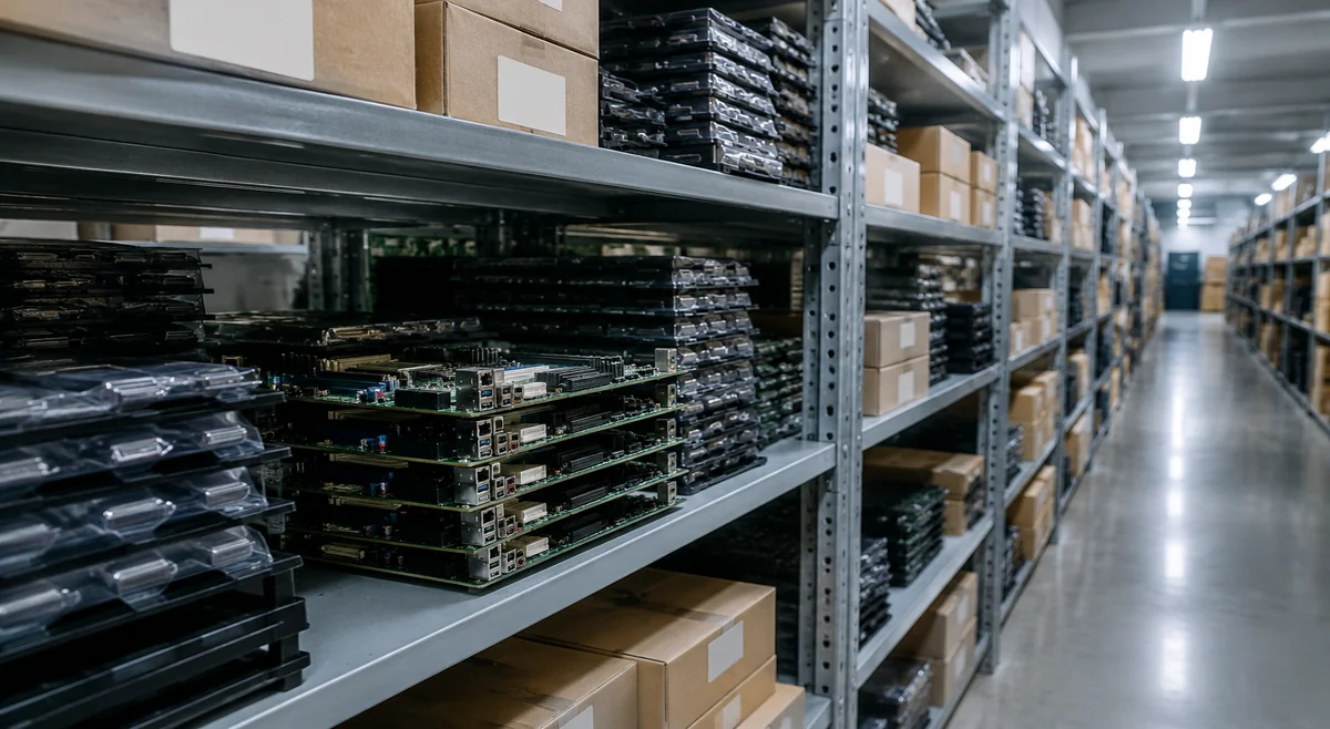 Industrial embedded motherboards and chip trays stocked on warehouse shelving
