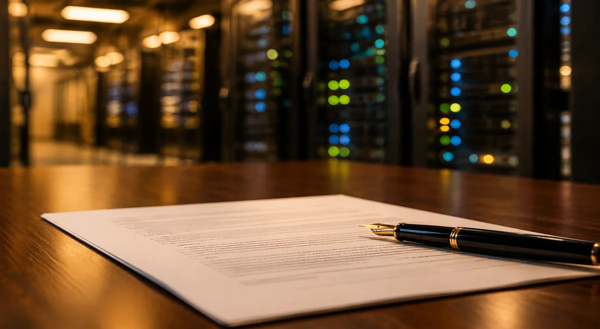 Supply agreement document with a fountain pen, data center behind