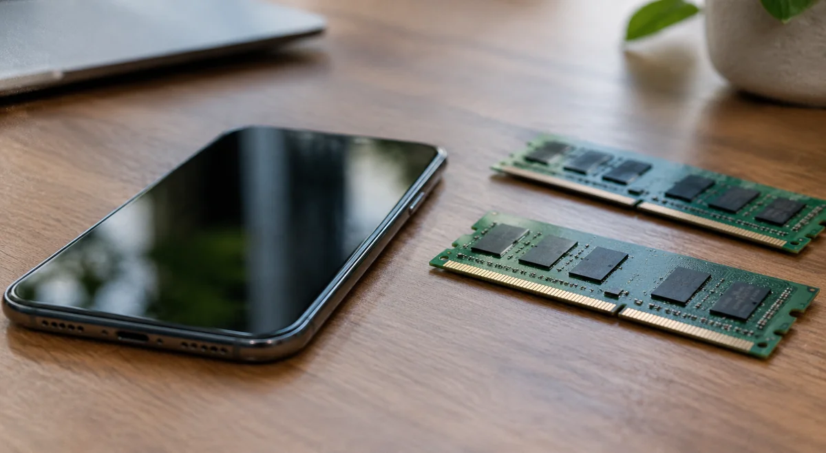 Smartphone next to memory modules on a desk in soft daylight