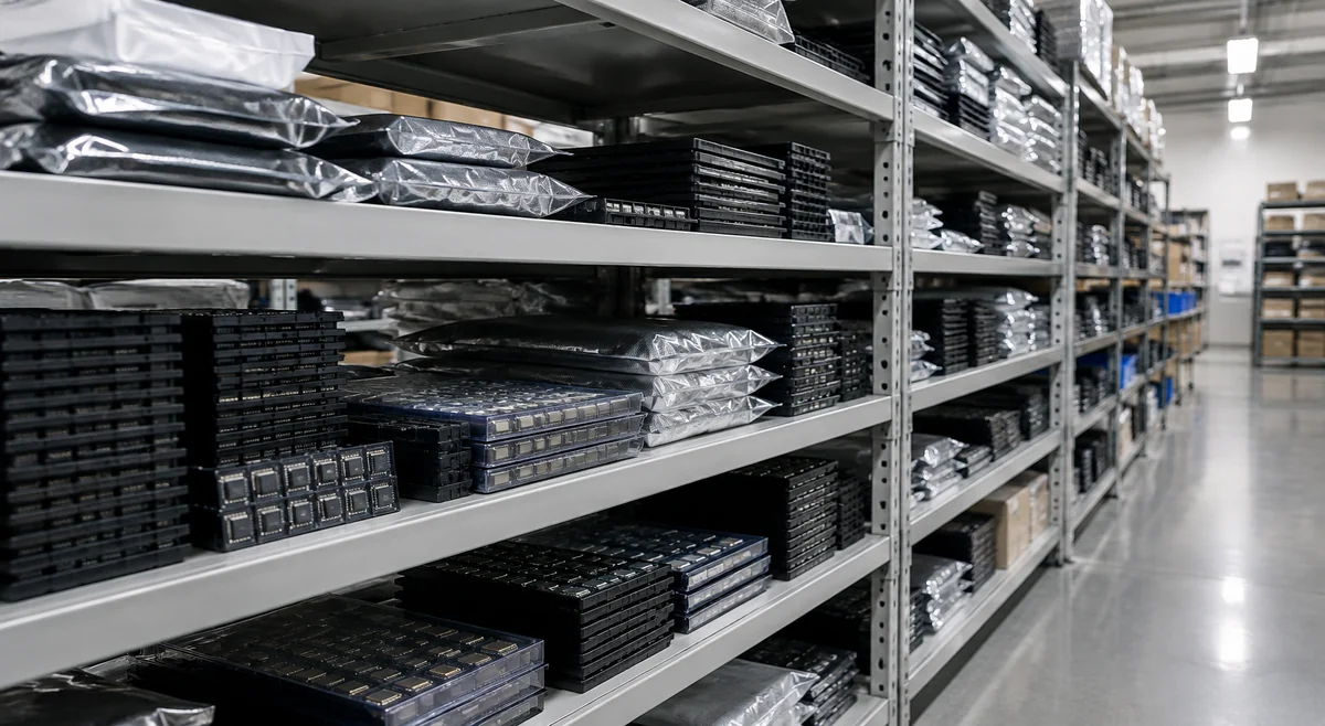 Warehouse shelving with anti-static component boxes and chip trays