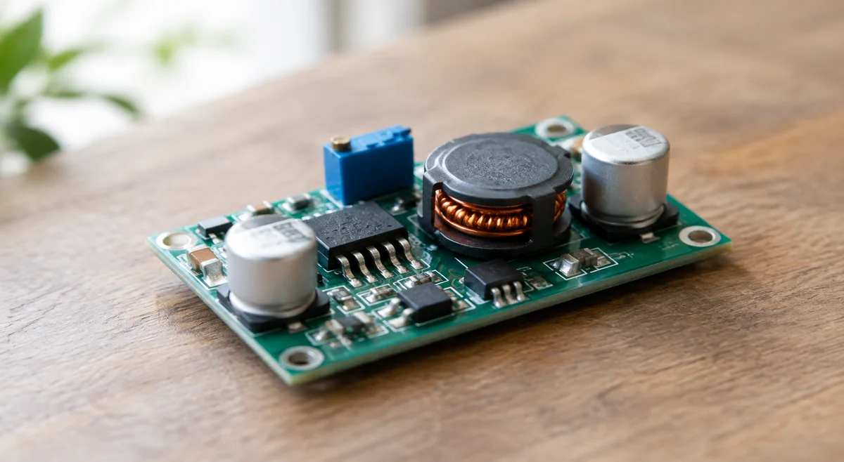 Buck converter power module with inductor coil and capacitors on a green PCB