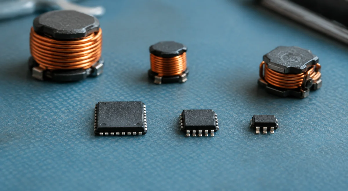 Three buck converter IC packages with copper inductors on an anti-static mat