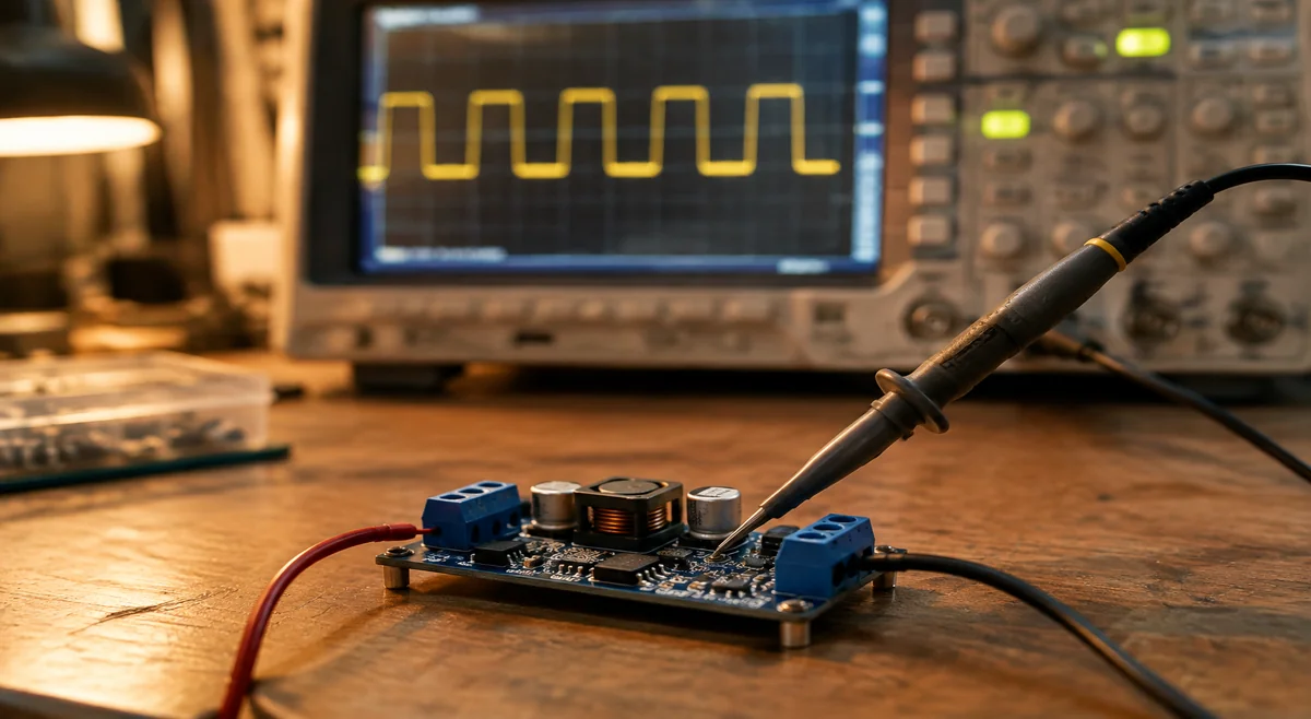 Oscilloscope probe testing a buck converter board with waveform on screen