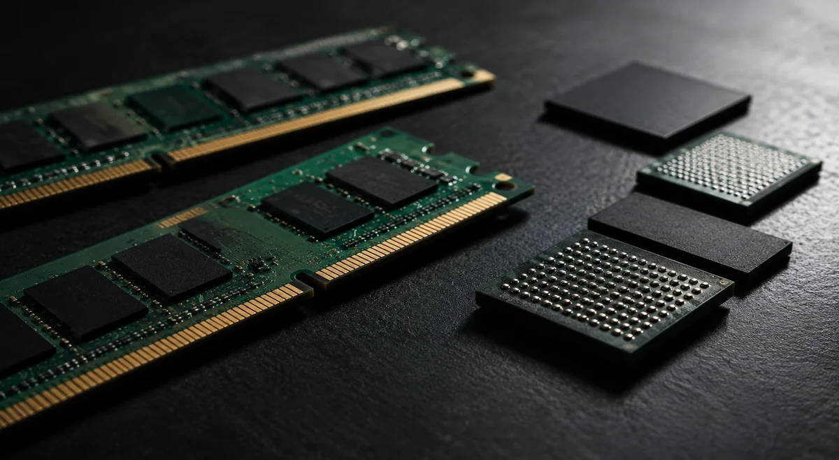 DRAM and NAND memory chips arranged on a dark surface