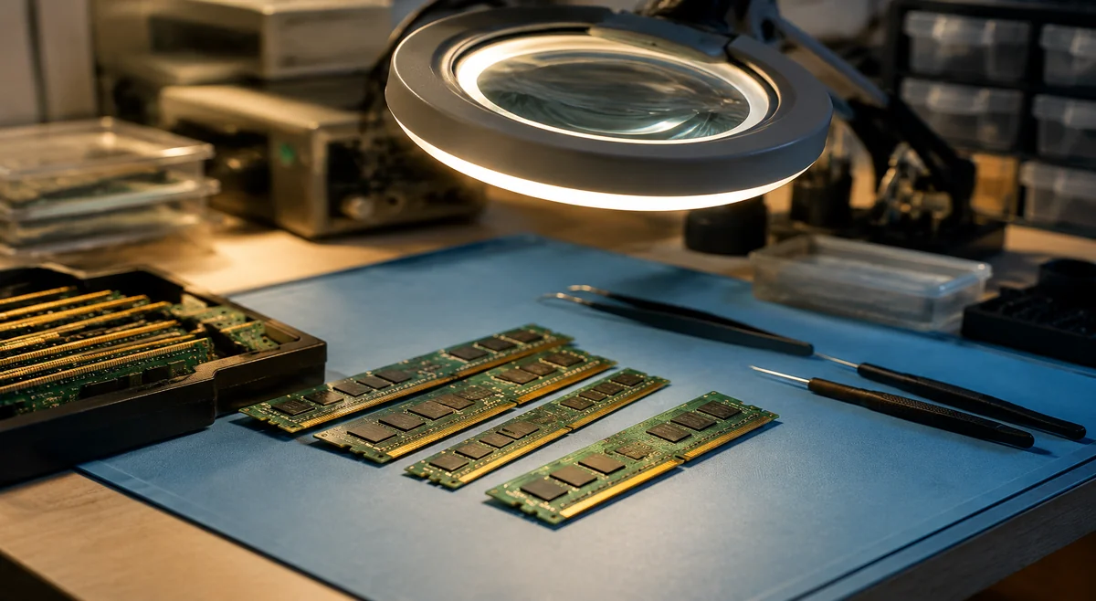 Memory modules under a magnifying lamp on a quality inspection workbench