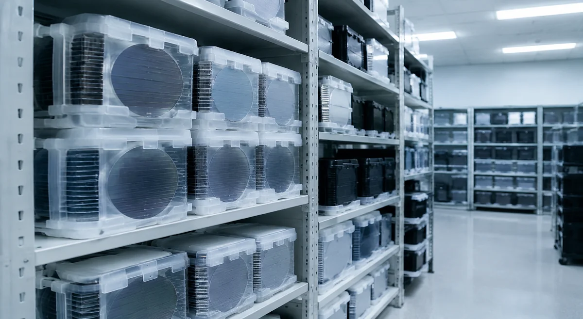 Stacked silicon wafer boxes in a semiconductor storage room