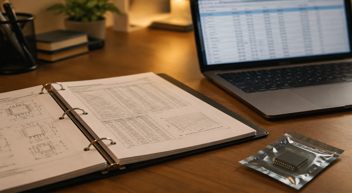Open datasheet binder next to a parametric search table on a laptop