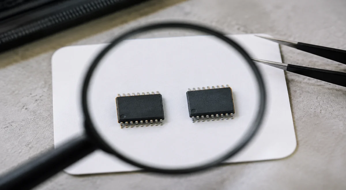 Two similar chips compared side by side under a magnifying glass