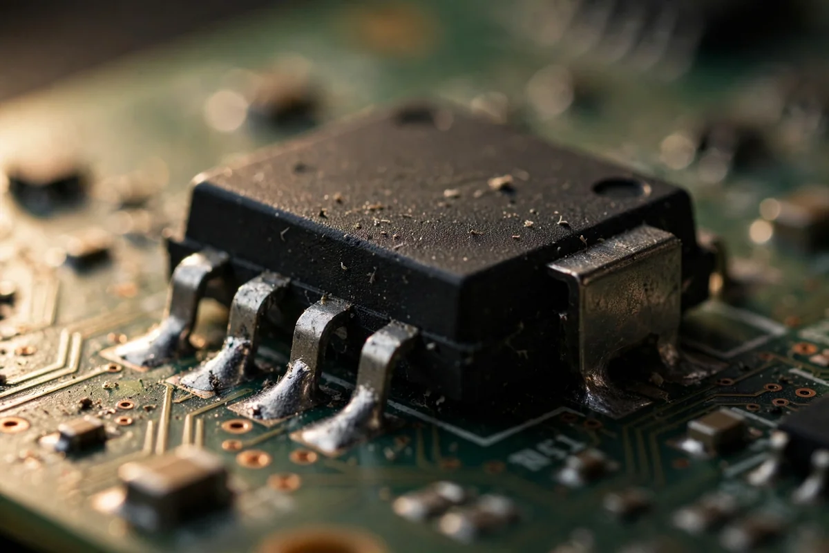 Macro view of a voltage regulator chip on a PCB in raking side light, showing package texture and pins