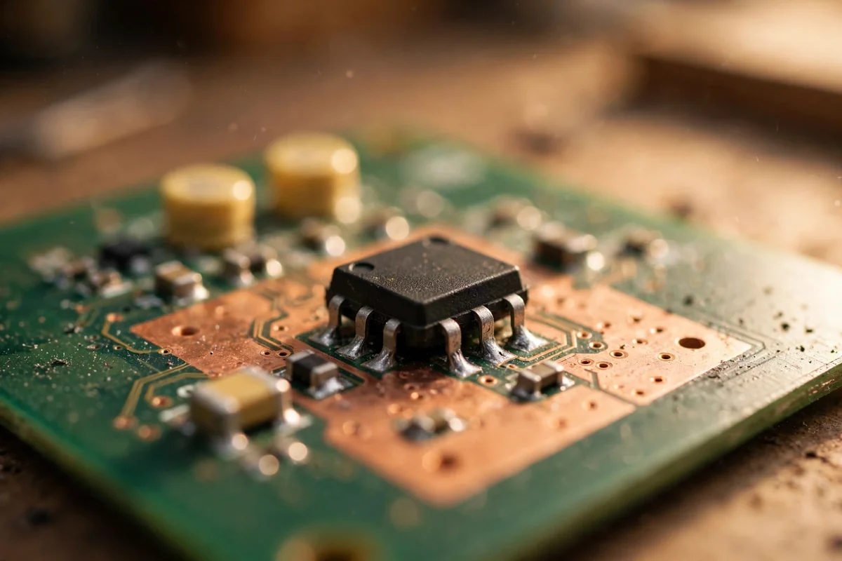 Linear voltage regulator soldered on a circuit board with copper pour, warm bench light and shallow depth of field