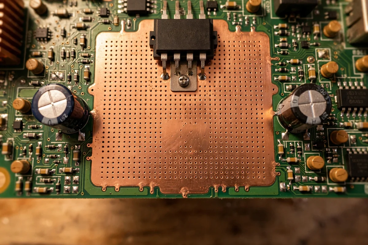 Power section of a circuit board with a regulator on a large copper heatsink area with thermal vias under warm overhead light