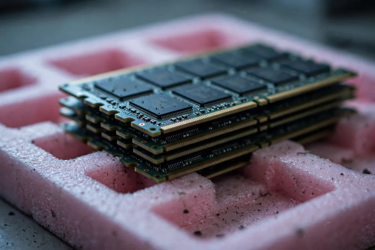 Stacked DRAM memory modules in an anti-static tray in cool workshop light
