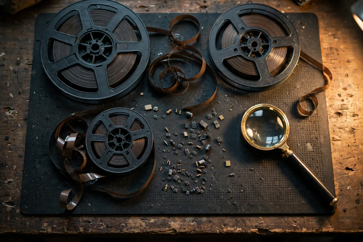Component reels, a magnifying loupe, and loose chips on a procurement desk under warm lamp light