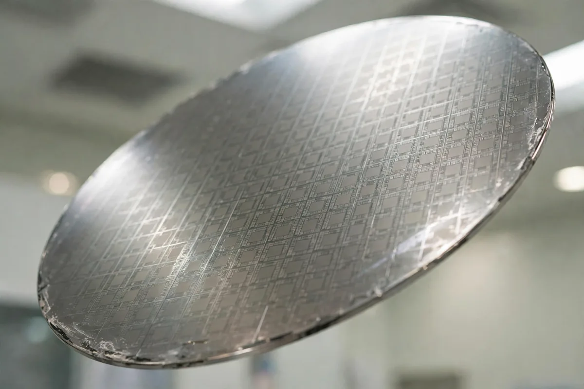 Silicon wafer at an angle under cleanroom lighting with soft reflections on its surface