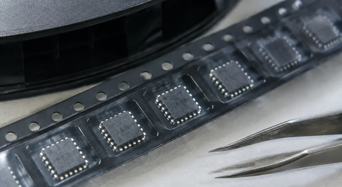 Power ICs in tape-and-reel packaging beside tweezers