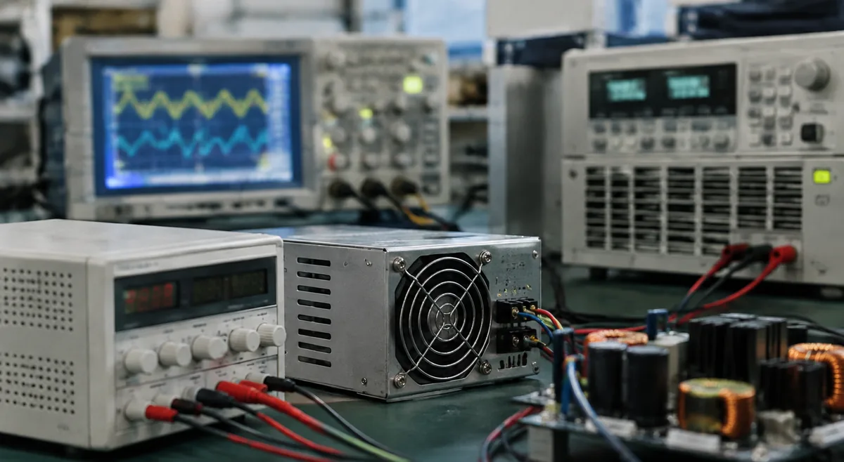 Power supply test bench with oscilloscope and electronic loads