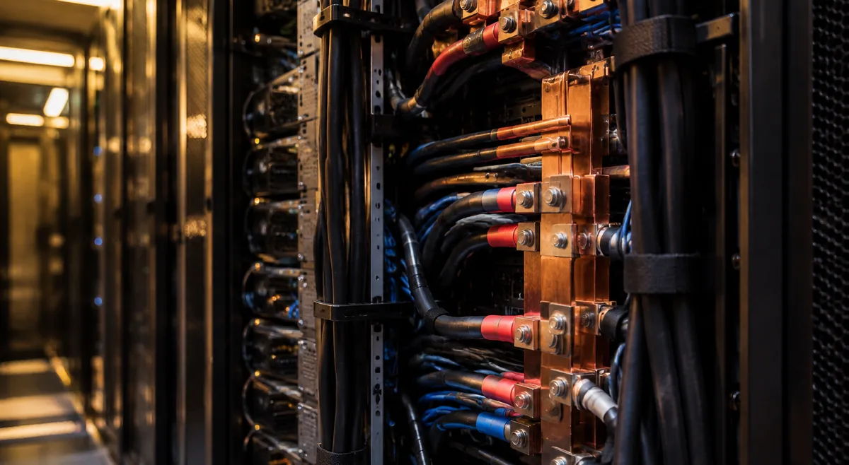 Copper busbars and power cabling inside an AI server rack