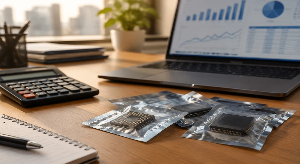 Procurement buyer desk with memory chip samples and a calculator