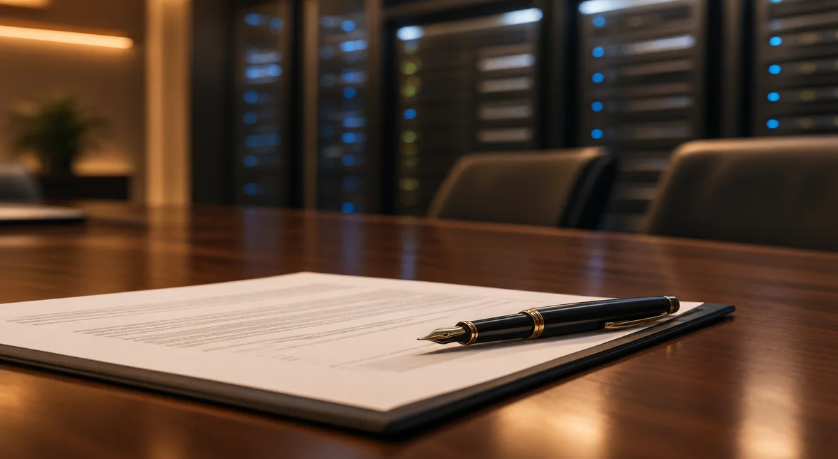 Long-term supply agreement document with a fountain pen, server racks behind