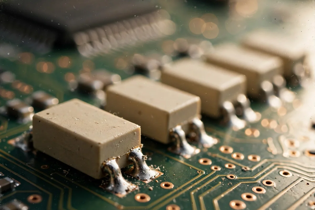 Macro view of MLCC chip capacitors soldered on a printed circuit board