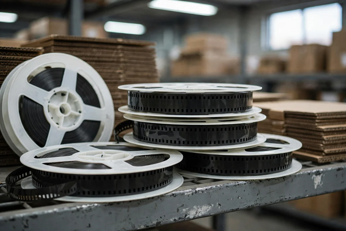 Tape-and-reel component packaging on a warehouse shelf