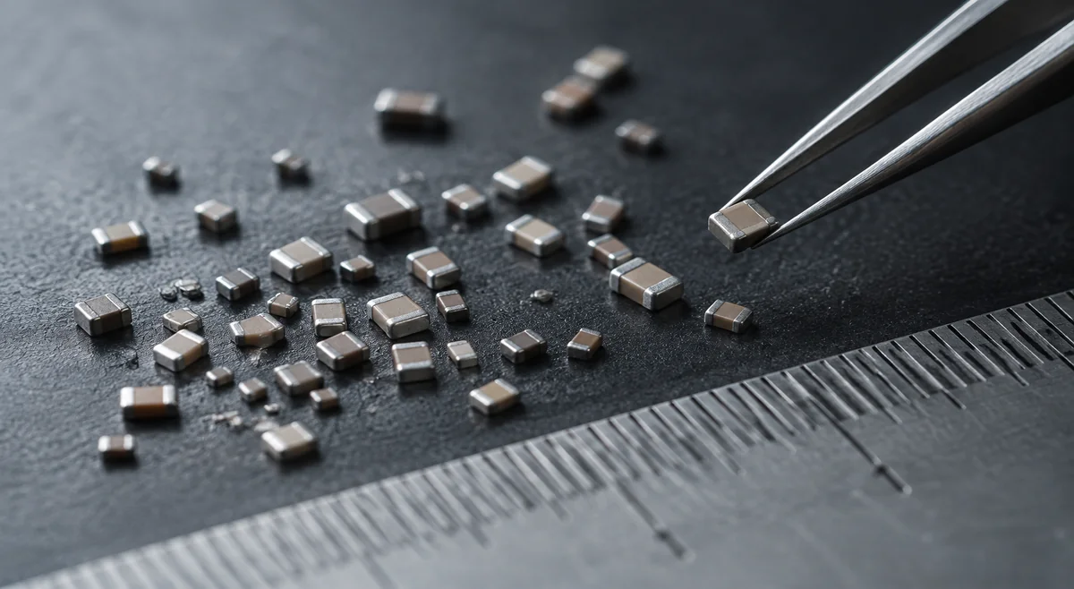 Tiny MLCC chips with tweezers showing size comparison
