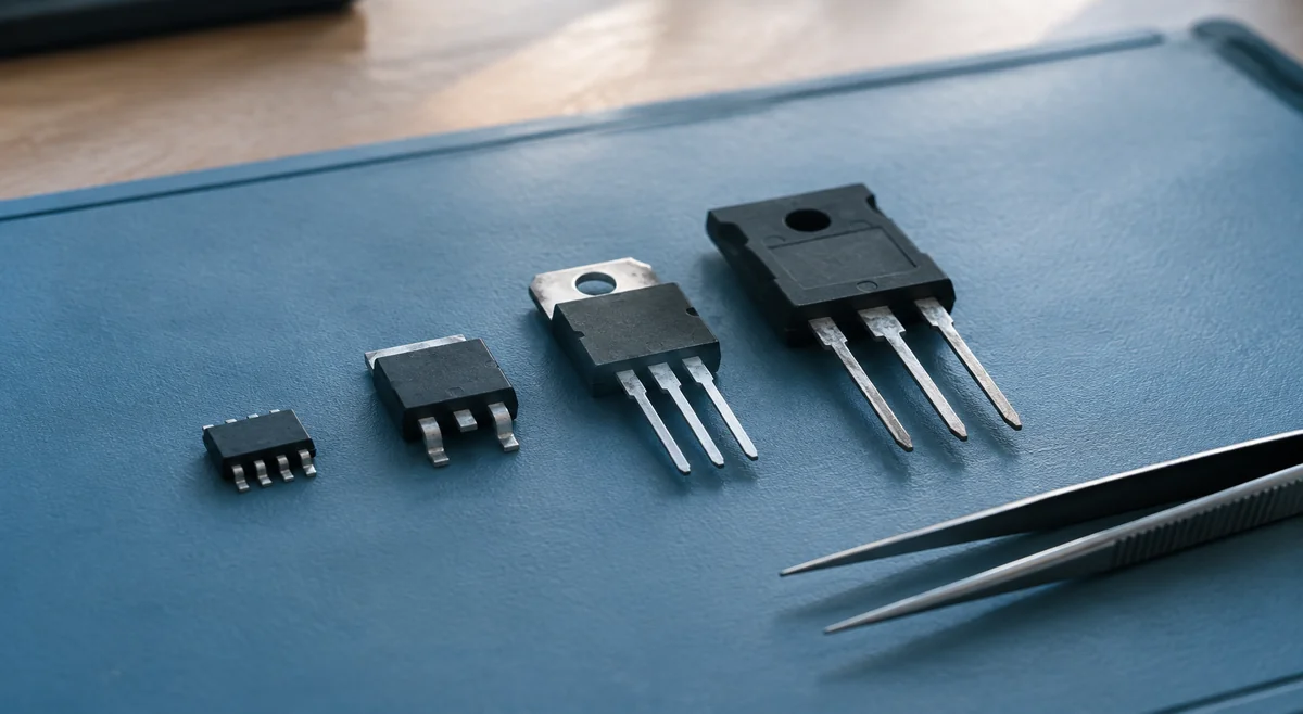 Four power MOSFET packages lined up from surface-mount to through-hole