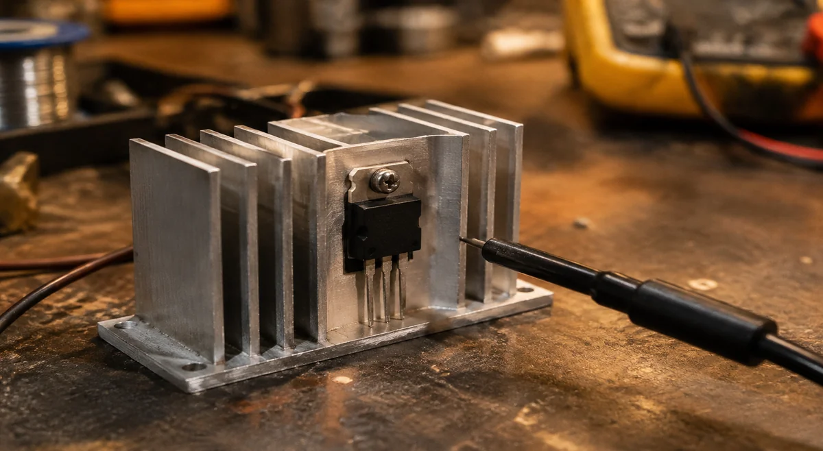 MOSFET mounted on an aluminum heatsink with a thermal probe on a test bench