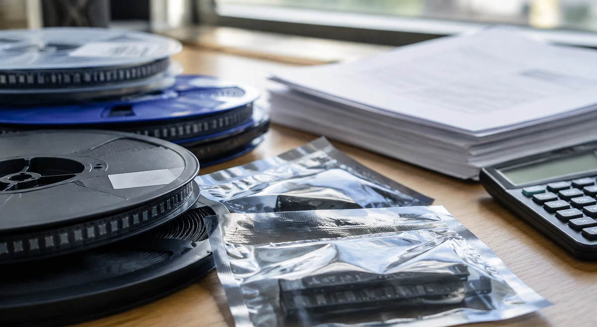 Procurement documents and component reels on a desk