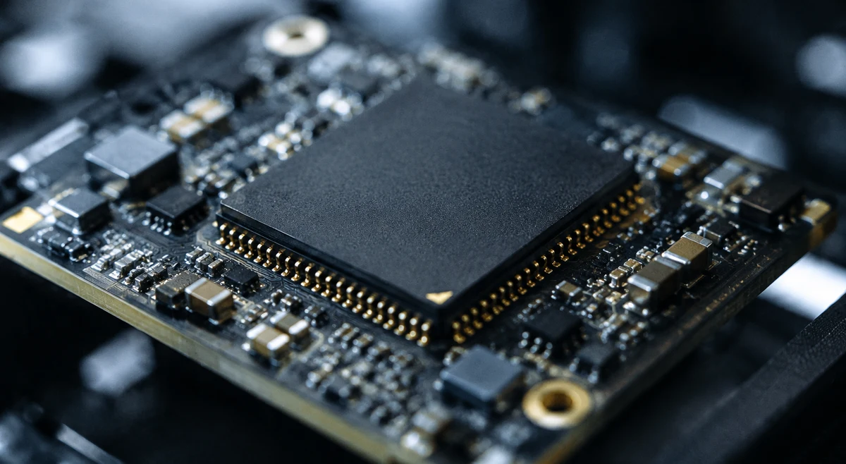 Edge-AI chip on a circuit board under lab lighting