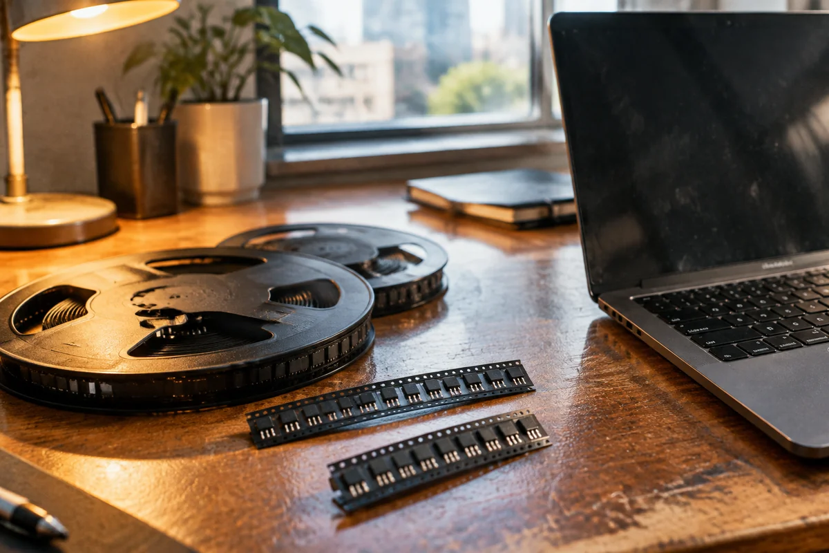 SMD power devices on carrier tape next to a laptop on a buyer's desk in warm lamplight