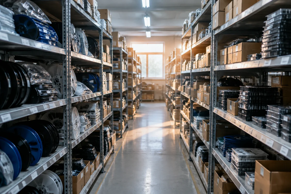 Electronics component warehouse aisle with shelves of reels and cartons in mixed overhead light