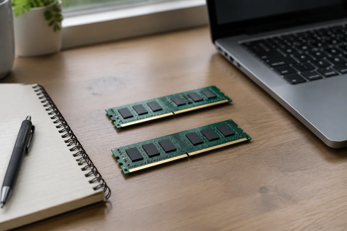 Buyer's desk with memory modules, a notepad and laptop in warm window light