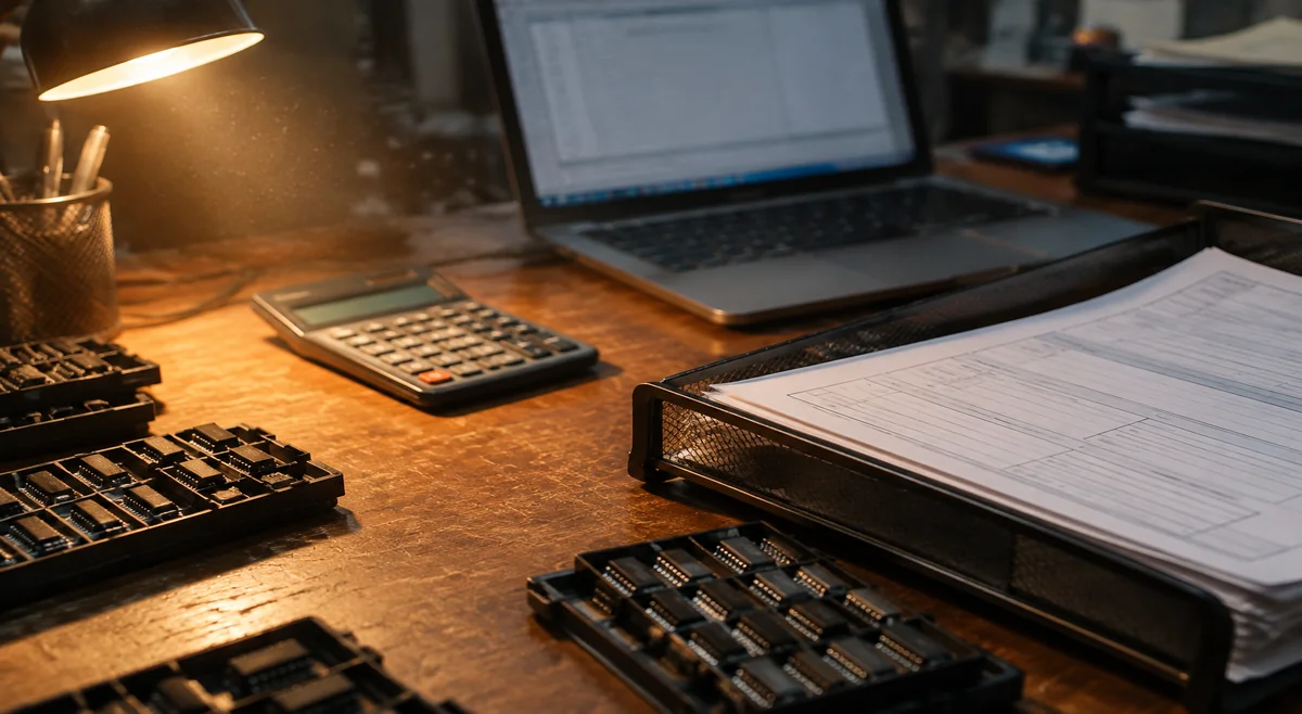 Procurement desk with chip trays, calculator, laptop and blank customs declaration forms under warm lamplight