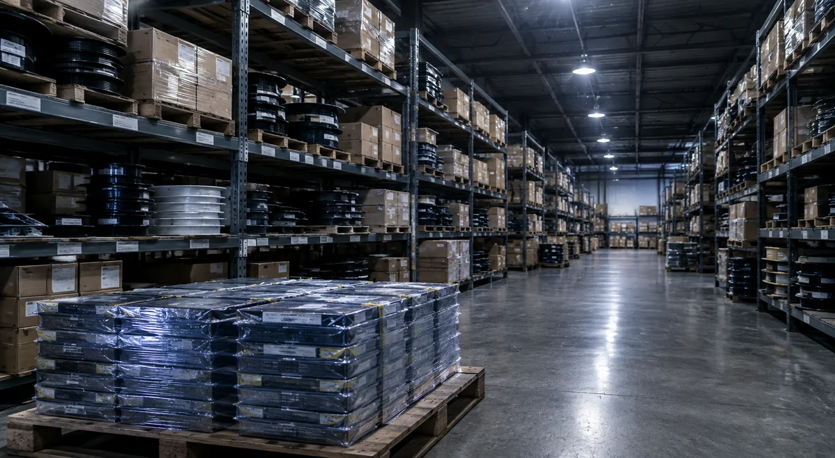 Electronics warehouse aisle with shelving racks of component boxes, reels and palletized chip packages