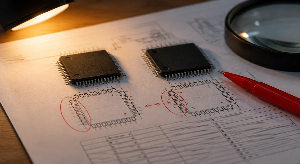 Two similar chips compared on a datasheet with pinout notes