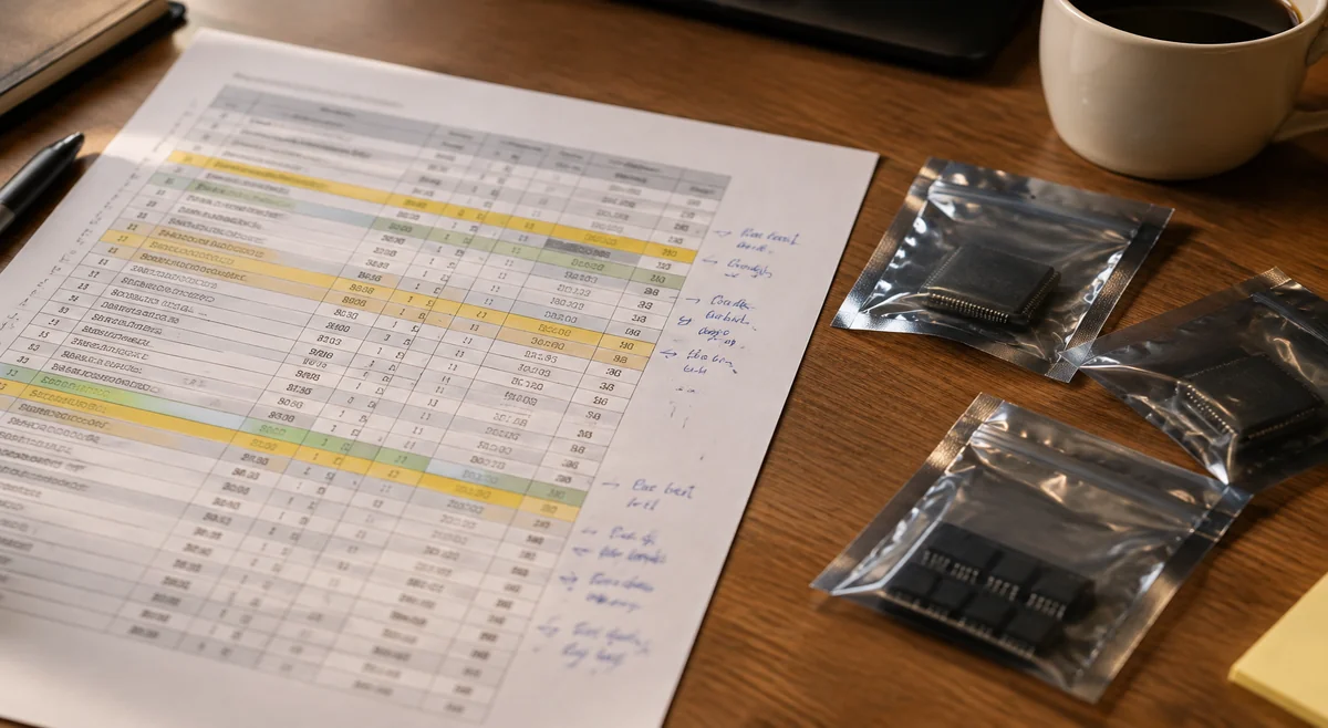 Annotated BOM spreadsheet with chip samples in anti-static bags