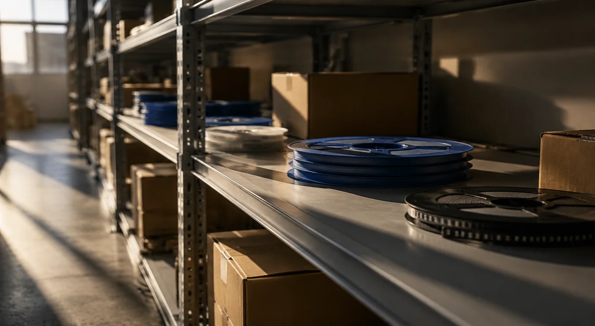 Half-empty warehouse shelf with a few remaining component reels