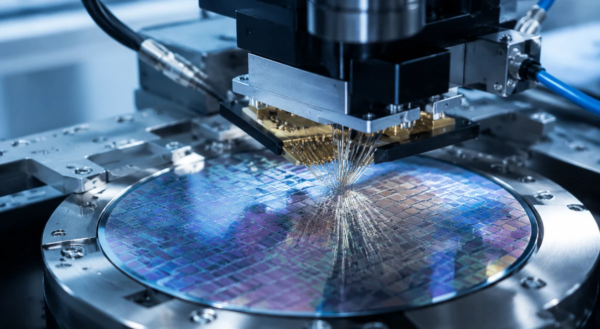 Wafer probe station testing RF chips in a cleanroom lab