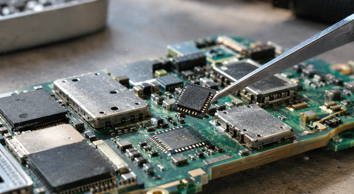 RF front-end circuit board with shielded chips under a magnifier
