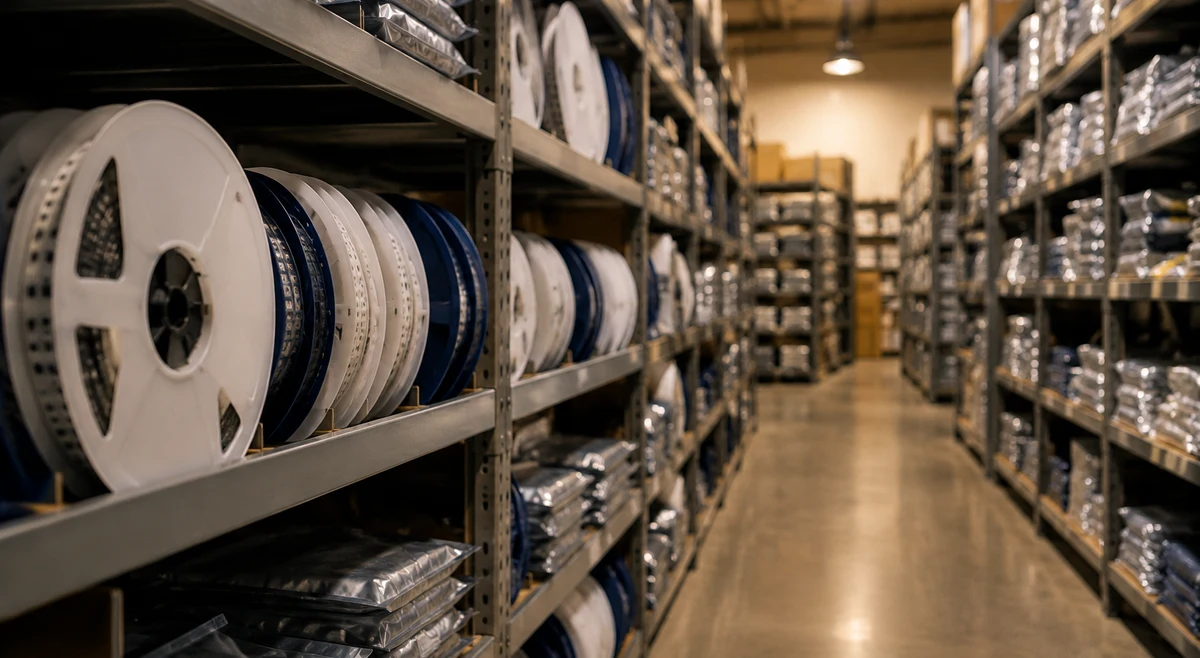 Component reels on distributor warehouse shelves
