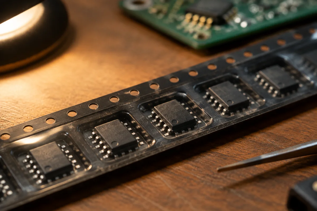 Analog power-management ICs in carrier tape on a workbench in warm side light