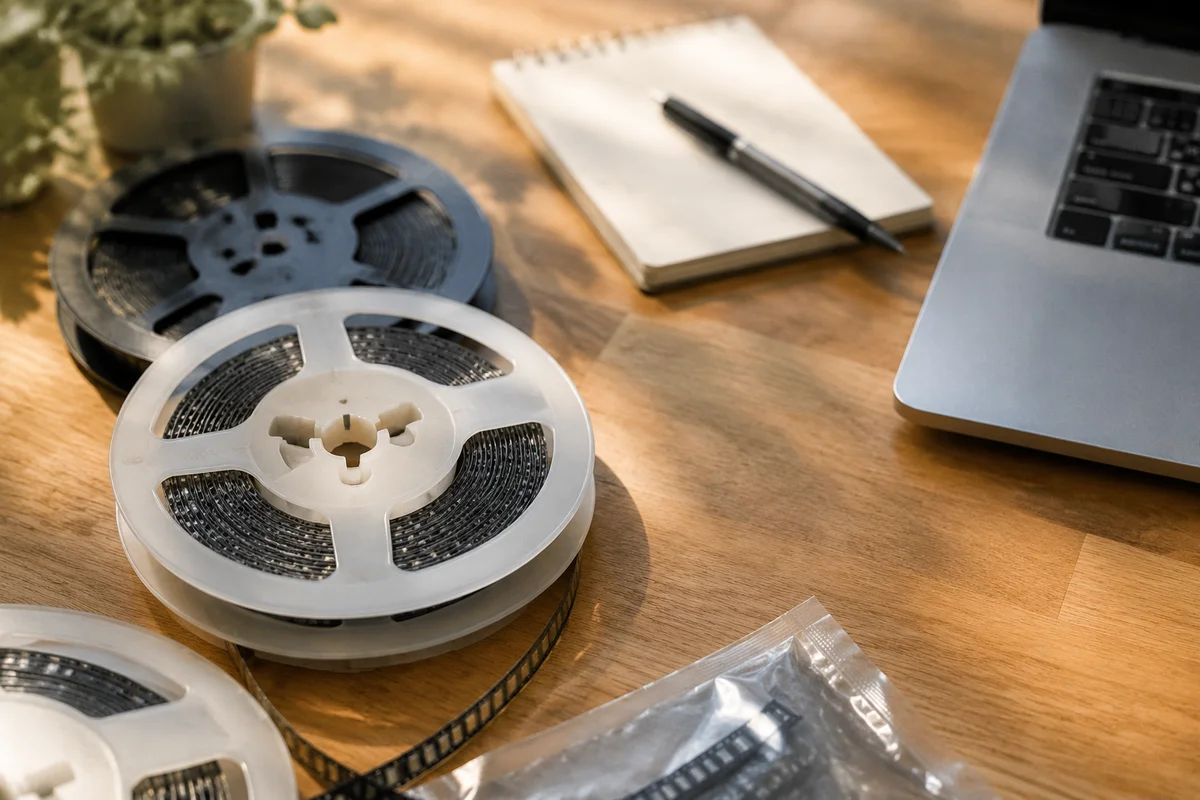 Component reels, a blank notepad and pen on a buyer's desk beside a laptop in warm window light