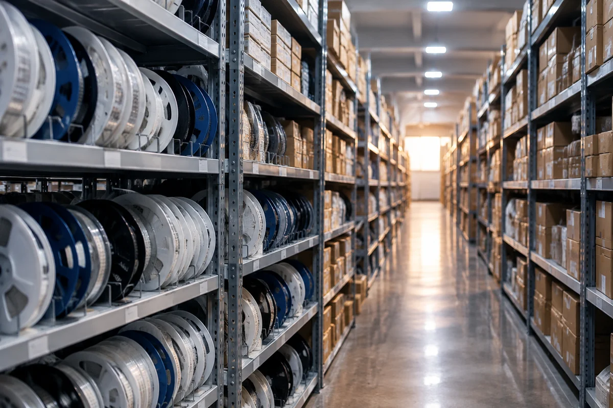 Electronics component warehouse aisle with shelves of reels and boxes in mixed overhead light