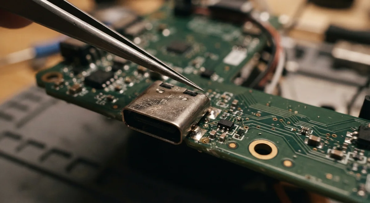 USB-C connector on a circuit board held by tweezers in warm workbench light