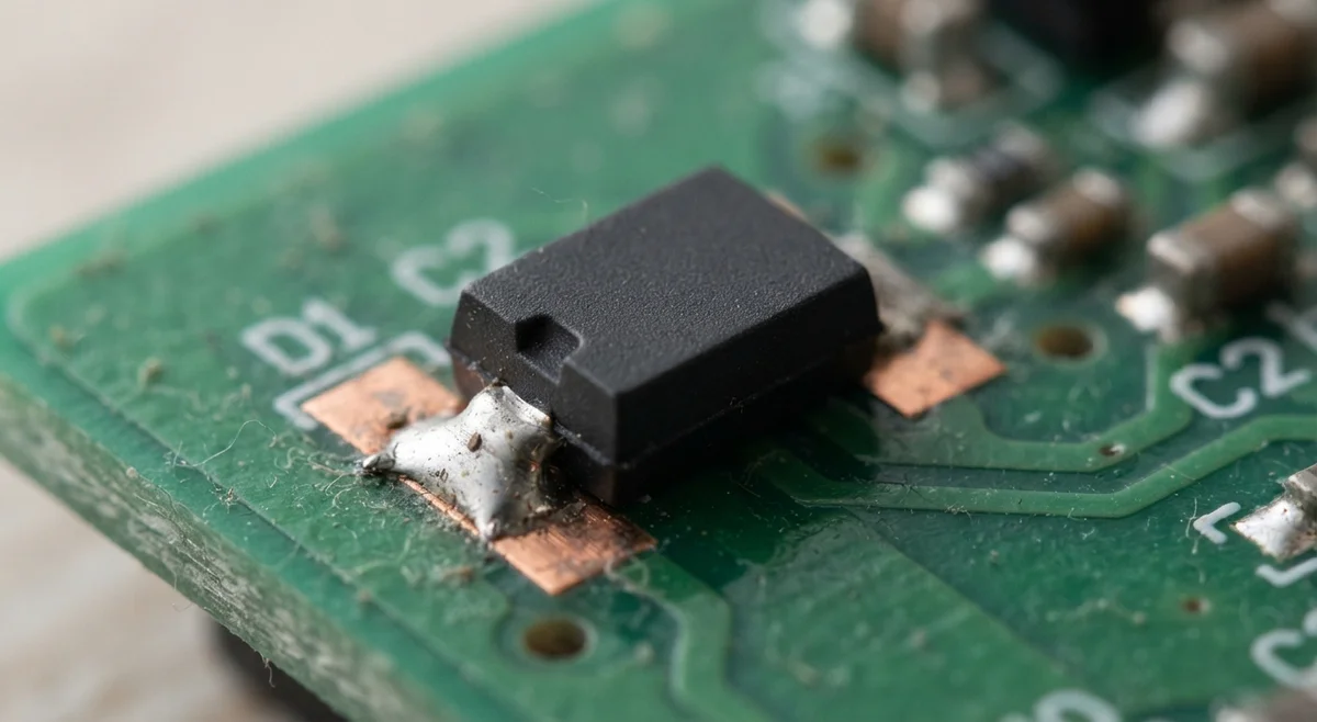 TVS diode soldered on a green circuit board in natural side light