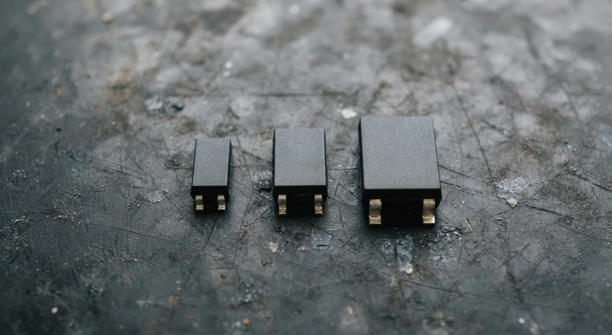 Three TVS diode packages in different sizes lined up on a dark workbench